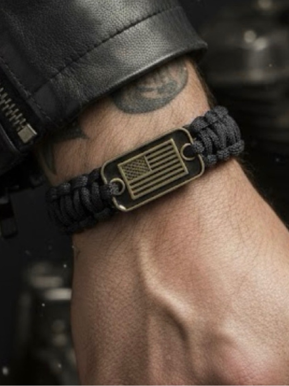 Black Paracord Bracelet with Antique Brass American Flag Plate
